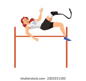 Happy woman high-jumping flat style, vector illustration isolated on white background. Disabled athlete, smiling character with prosthetic leg, sport, decorative design element