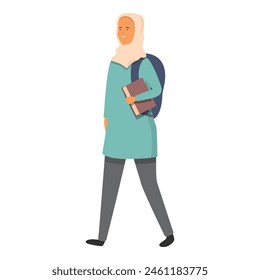 Happy woman hijab with backpack icon cartoon vector. With study book. Learning college