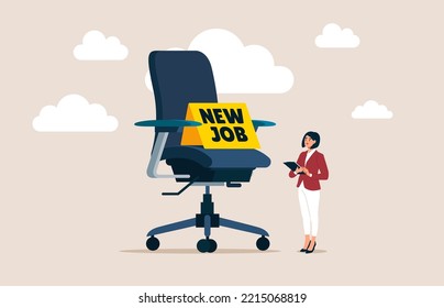 Happy woman with his new job office chair. New job offer, employment and recruitment, promoted to new position or hiring staff for vacancy. Flat vector illustration.