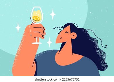 Happy woman hold glass with cold cocktail. Smiling girl look at fizzy fruit alcoholic drink or beverage. Celebration. Vector illustration. 