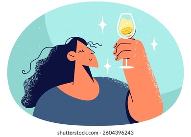 Happy woman hold glass with cold cocktail. Smiling girl look at fizzy fruit alcoholic drink or beverage. Celebration. Vector illustration.