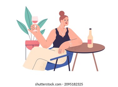 Una mujer feliz lleva en la mano una copa de vino tinto, degustando y disfrutando del alcohol en soledad. Mujer con copa de vino y relajante en la mesa. Ilustración vectorial gráfica plana aislada en fondo blanco