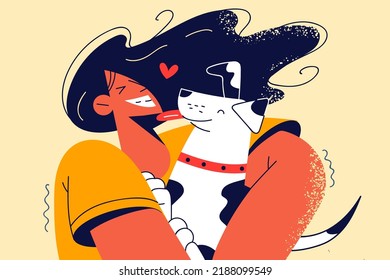 Happy woman holding in arms cute small dog. Smiling girl cuddling with little pet. Domestic animal ownership. Vector illustration. 