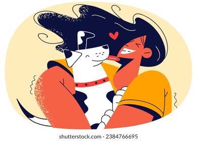 Happy woman holding in arms cute small dog. Smiling girl cuddling with little pet. Domestic animal ownership. Vector illustration.