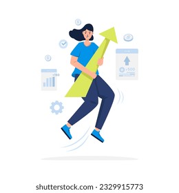 A happy woman holding up arrow, getting profit growth flat illustration design