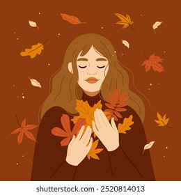 Happy woman holding autumn leaves in her hands. Enjoy the fall concept. Hand drawn autumn illustration.