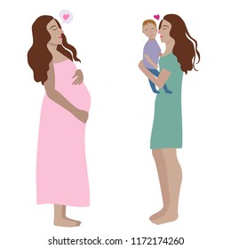 Happy woman holding baby, pregnant woman