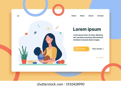 Happy woman holding baby and smiling. Kid, child, infant flat vector illustration. Nursery and childhood concept for banner, website design or landing web page