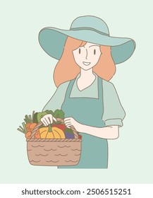 Happy woman holding basket with full of fresh organic vegetables. Young farmer wearing hat, showing wicker full of crops. Hand drawn flat cartoon character vector illustration.