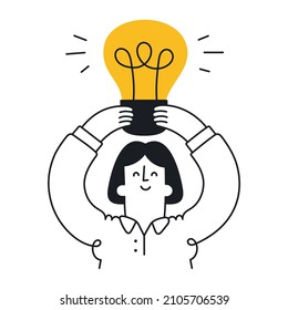 Happy woman holding big bulb. New idea, brainstorming, solution, problem solved, startup, innovation, creativity. Outline, linear, thin line, doodle art. Simple style with editable stroke.