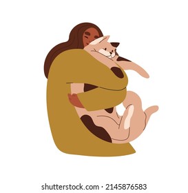 Happy woman holding big cute cat in hands. Pet owner hugging feline animal with love, tenderness. Person with funny Maine coon kitty in arms. Flat vector illustration isolated on white background