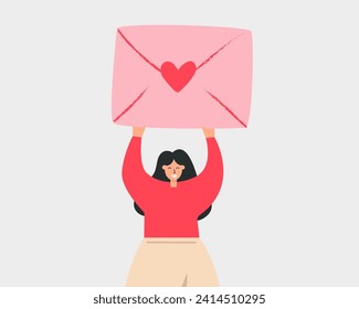 Happy woman holding a big envelope with a red heart above her head isolated on white background. Flat vector illustration.