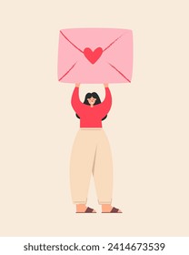 Happy woman holding a big envelope with a red heart above her head isolated on white background. Flat vector illustration.