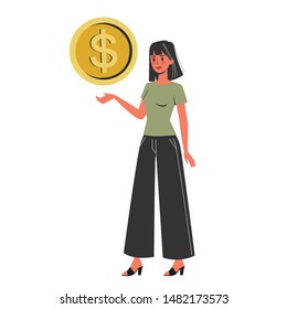 Happy woman holding a big golden dollar coin. Idea of banking and finance. Financial success. Isolated flat illustration vector