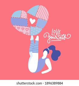 Happy woman holding a big heart on her legs. Greeting card for Valentine's Day. Love yourself lettering. Flat vector illustration