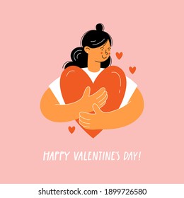 Happy woman holding a big heart. Greeting card for Valentine's Day. Flat vector illustration. 