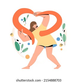 Happy woman holding a big heart with a red ribbon coming out of the middle of the body. The concept of mental health, self love, therapy and care. Vector illustration of a healthy lifestyle