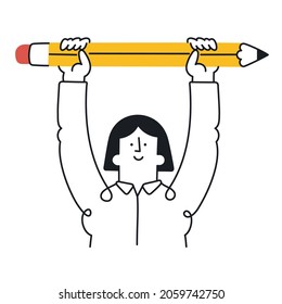 Happy woman holding big pencil. Concept of a writer, creativity, achievement, education, motivation, homework, . Outline, linear, thin line, doodle art. Simple style with editable stroke.