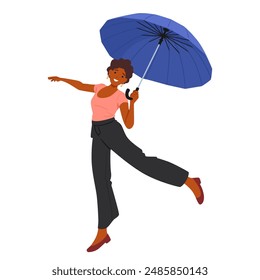 Happy Woman Holding A Blue Umbrella, Showcasing Joy And Playfulness. Female Character In A Dynamic Pose, Implying Movement Or Flying, Reflecting Freedom And Positivity. Cartoon Vector Illustration