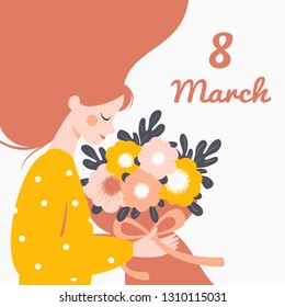 Happy woman holding a bouquet of flowers. Vector festive concept for International Women's day 8 March