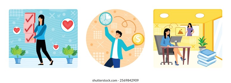 Happy Woman Holding Boxes. Man Balancing Time and Money. Video Call in Modern Office. Set flat vector modern illustration 