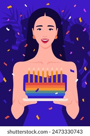 Happy woman holding a cake with candles in her hands. Birthday party. LGBTQIA+ pride. Celebration. Vector flat illustration