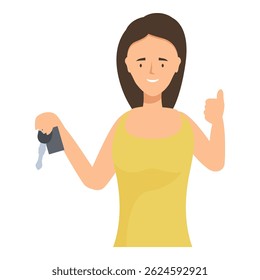 Happy woman holding car keys and showing thumb up gesture