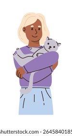 Happy woman holding a cat. Flat vector illustration.