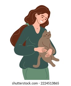 Happy woman holding cat. Owner of feline animal petting it with love. Tenderness, caress of female and cute kitty. Flat vector illustration isolated on white background
