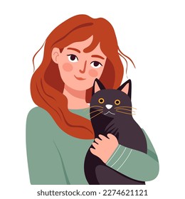 Happy woman holding cat  Pet ownership  pet parent  Happy Mew Year   cats day  Adopt cats   make them happy  Vector illustration 
