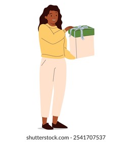 Happy woman holding Christmas gift box. Young girl with Xmas, winter holiday present in hands, standing outdoors. Merry female character. Flat vector illustration isolated on white background