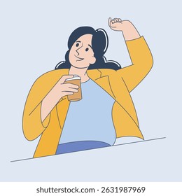 Happy Woman Holding Coffee Cup and Stretching, Morning Routine Illustration
