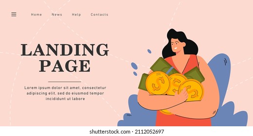 Happy woman holding coins and banknotes in hands. Cartoon female person on pink background flat vector illustration. Money, wealth, finance for banner, website design or landing web page.