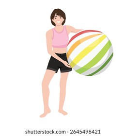 Happy Woman Holding a Colorful Beach Ball. Flat vector illustration isolated on white background