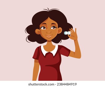 
Happy Woman Holding a Contact Lens Case Vector Cartoon Illustration. Cheerful girl using eyesight correction treatment 
