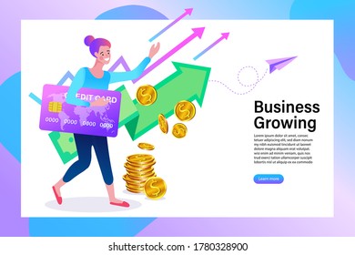 Happy woman  holding credit card. Business growth and money savings infographics design, vector illustration.