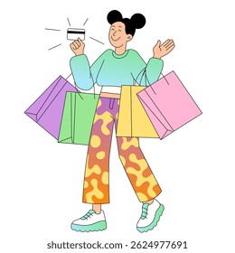Happy woman holding credit card and shopping bags with smile