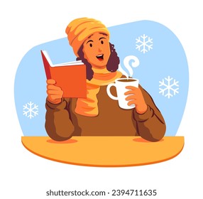 Happy woman holding a cup of coffee and a book