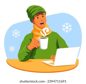 Happy woman holding a cup of coffee and a laptop