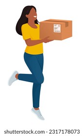 Happy woman holding a delivery box, online shopping and shipment concept