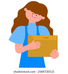 Happy woman holding a delivery parcel, flat vector illustration