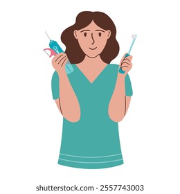 Happy woman holding dental irrigator, toothbrush, interdental brush. Vector illustration of smiling woman with oral hygiene items recommended by dentist for prevention of caries and stomatitis.