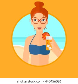 Happy woman holding and drinking an orange cocktail on the beach. Woman enjoying his vacation. Vector flat design illustration in the circle isolated on background.