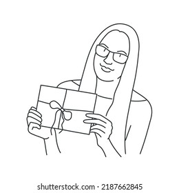 Happy Woman Holding An Envelope Tied With A Ribbon. Hand Drawn Vector Illustration. Black And White.