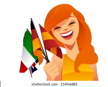 Happy woman holding flags from various european countries