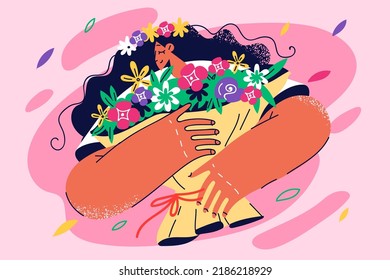 Happy woman holding flowers feel overjoyed. Smiling girl with bouquet enjoy summer day. Vector illustration. 