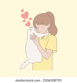 Mujer feliz que sostiene al gatito esponjoso. Adorable chica abrazando, abrazando lindo gato Dibujado a mano Ilustración vectorial de personaje de dibujos animados planos.