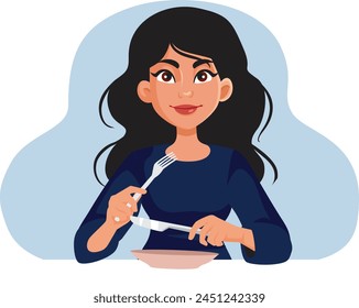 
Happy Woman Holding Fork and Knife Ready to Eat Vector Cartoon. Restaurant customer having appetite being on a diet
