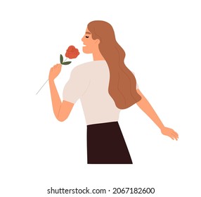 Happy woman holding fresh flower and smelling its fragrance. Young long-haired female enjoying blossomed rose aroma in hand. Colored flat vector illustration isolated on white background