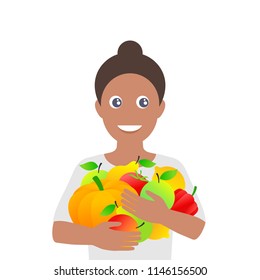 Happy woman holding fruits and vegetables - vector illustration